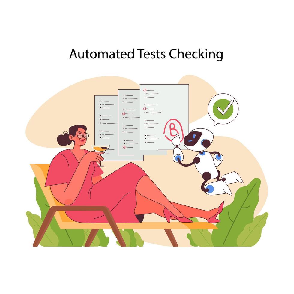 AI in education showcasing automated test checking with a robot. Flat vector illustration