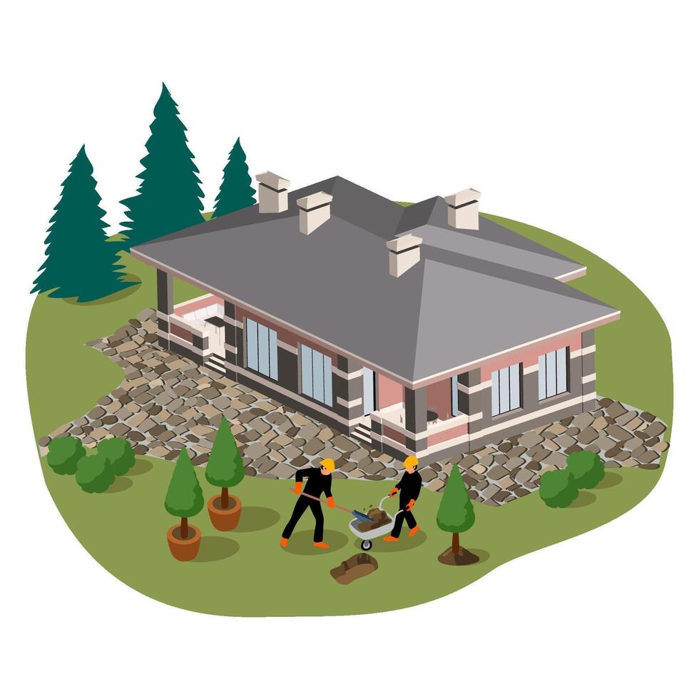 Workers planting bushes, landscape design concept. Isometric vector illustration