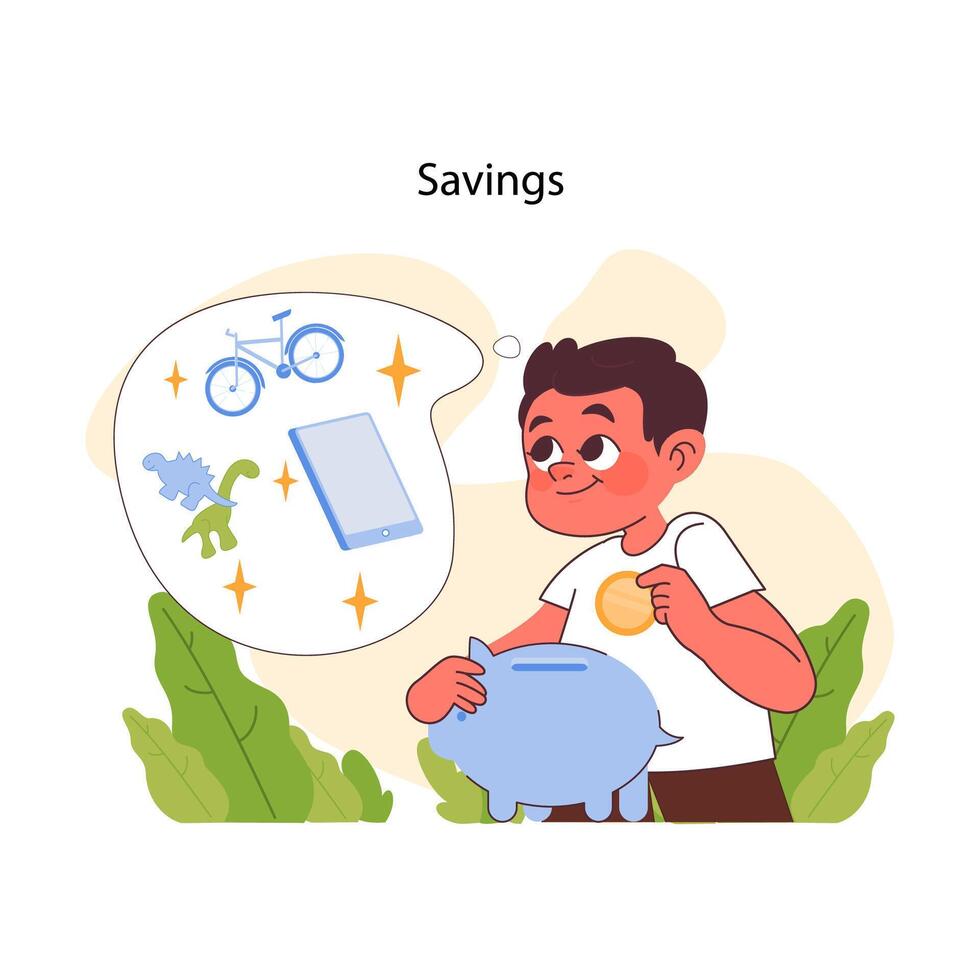 Personal savings concept. Cheerful boy deposits coin in piggybank vector