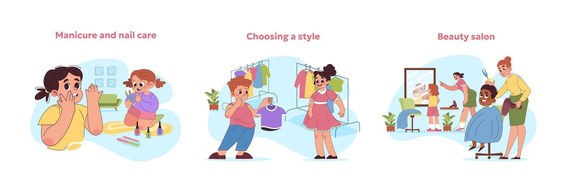 Kids and beauty concept set. Children engaging in beauty routines, choosing styles, and learning personal care. Vector illustration