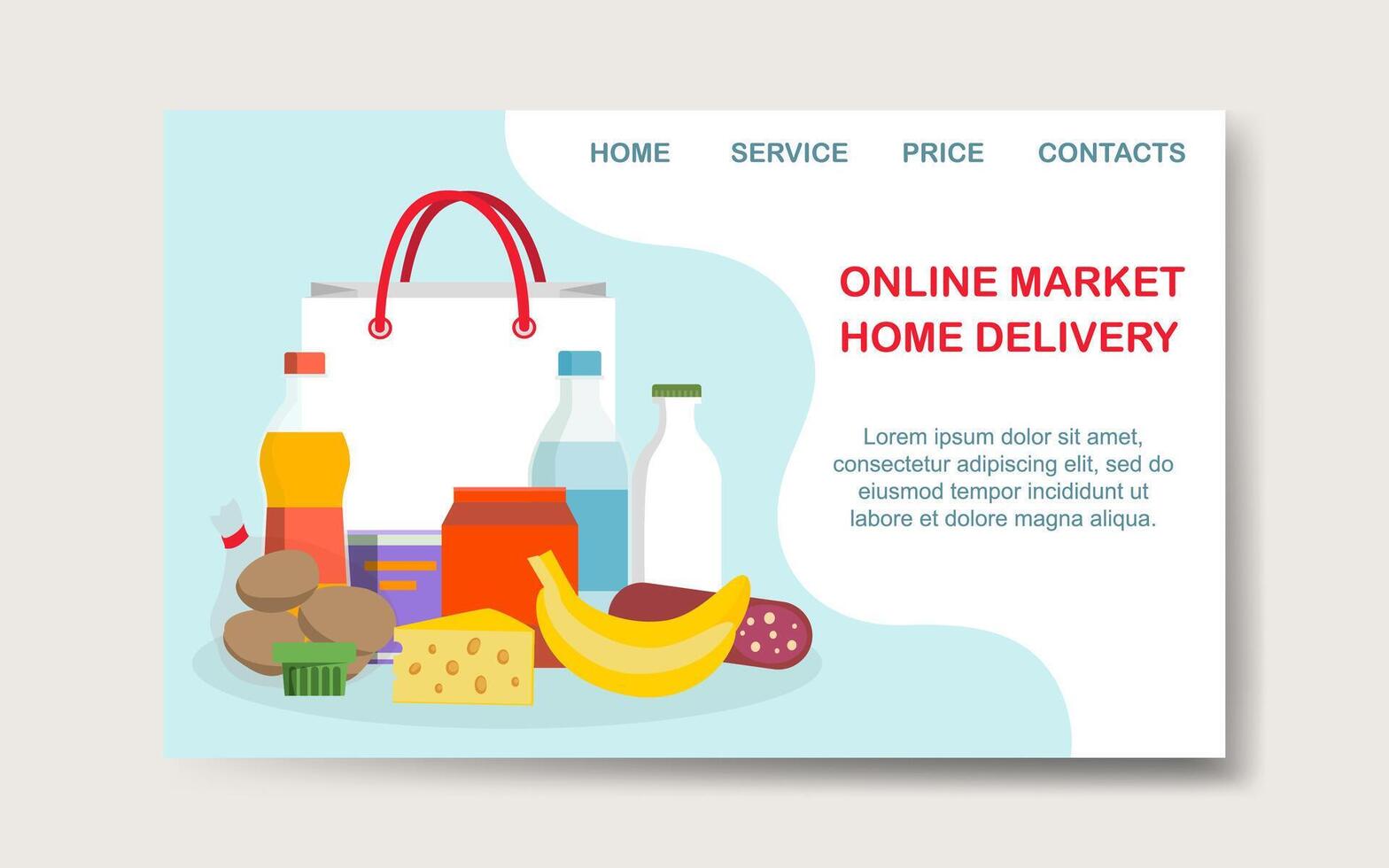web página diseño modelo para tienda de comestibles almacenar, en línea mercado, hogar entrega. vector ilustración para póster, bandera, sitio web desarrollo.