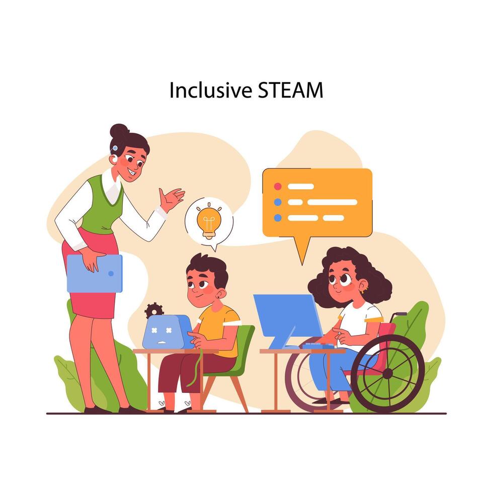 STEAM education. Schoolers gaining knowledge about technologies, vector