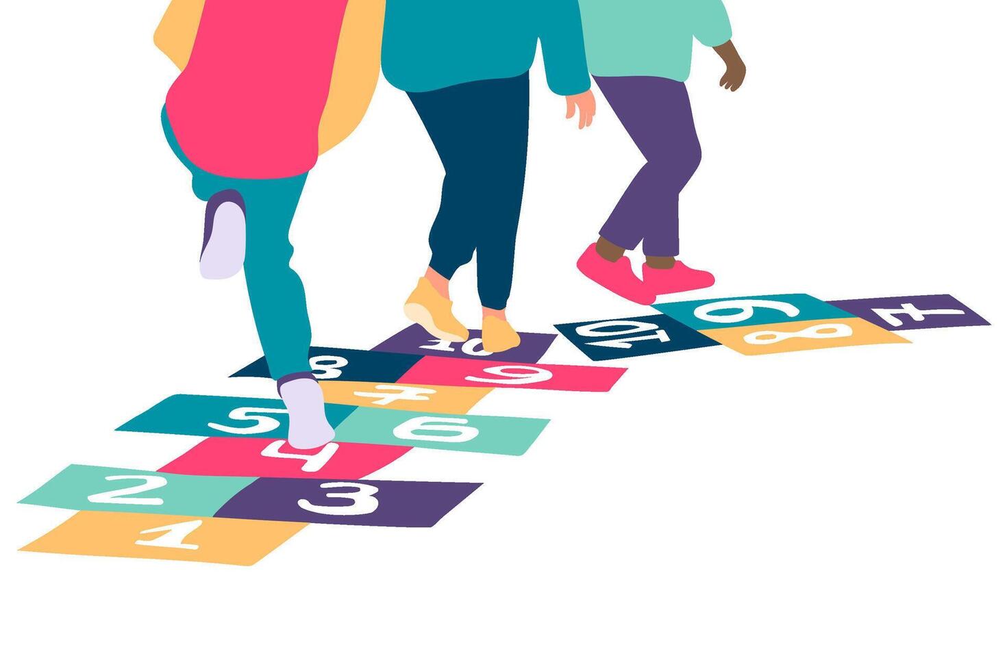 Closeup of kids feet jumping and playing hopscotch in school yard. Vector illustration