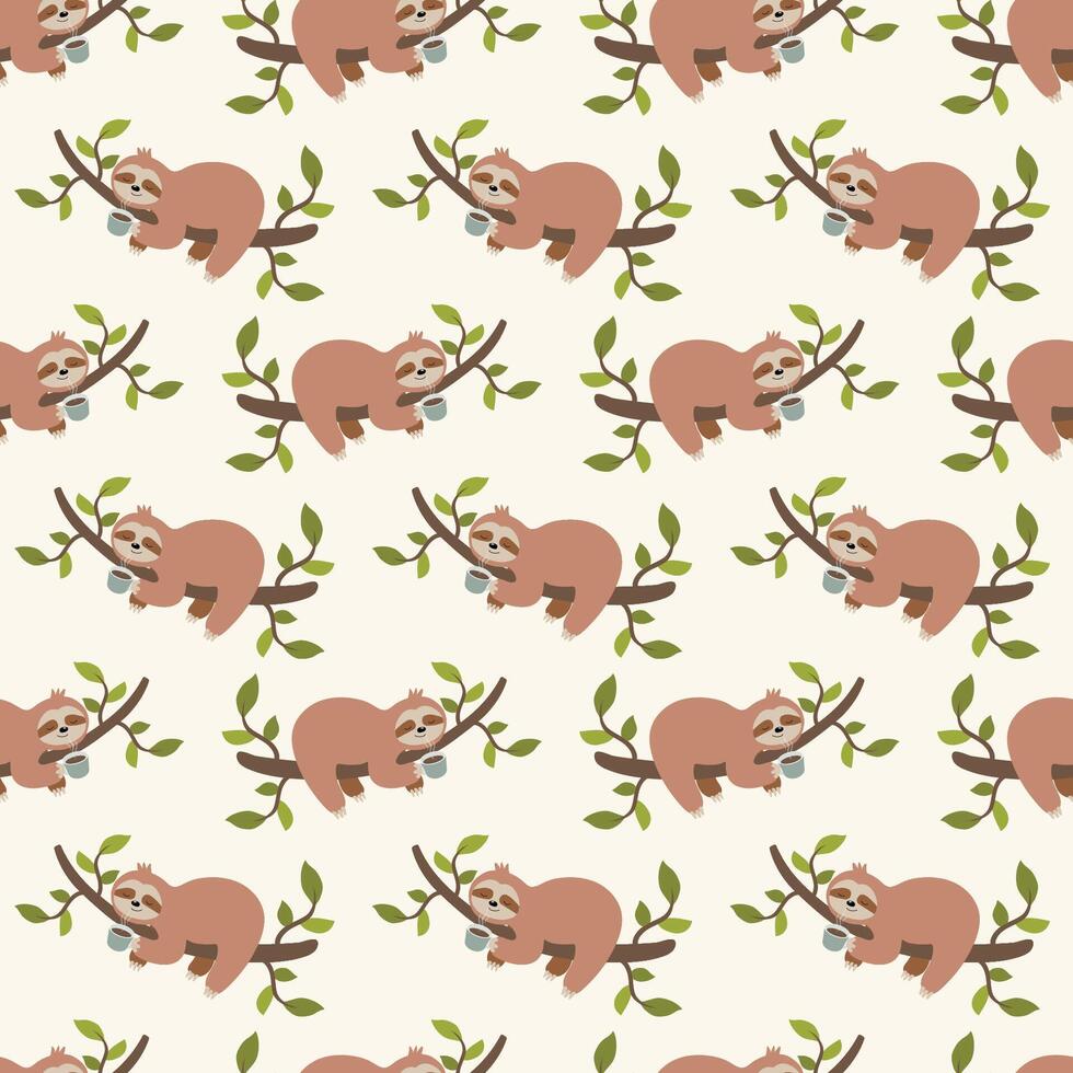 Vector hand drawn cute cartoon sloth on a tree branch smelling the coffee. Seamless pattern