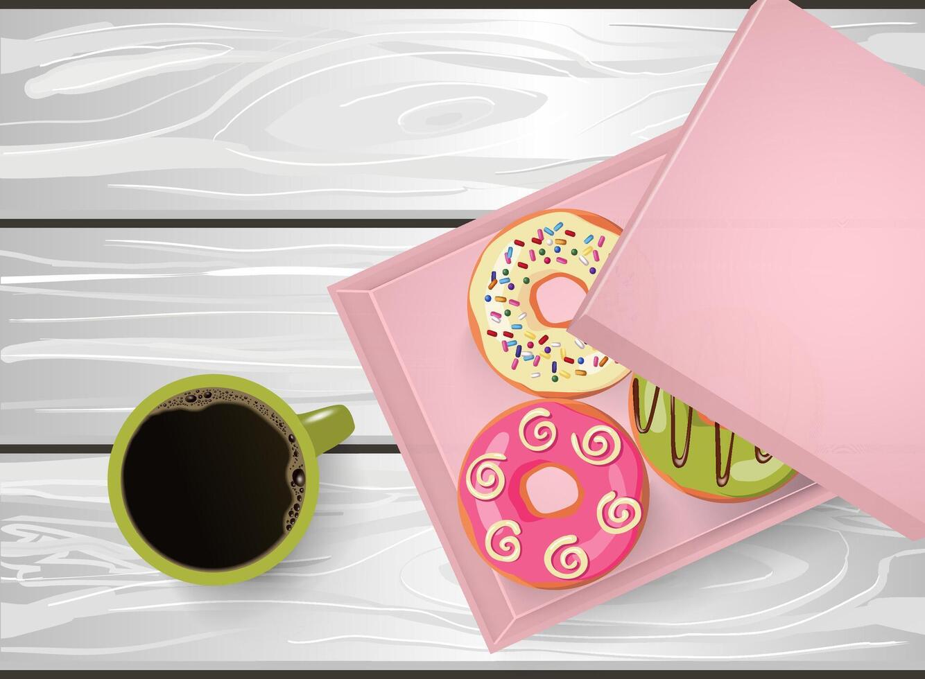 Vector still life of a green cup of black coffee and a box of doughnuts on the white wooden table