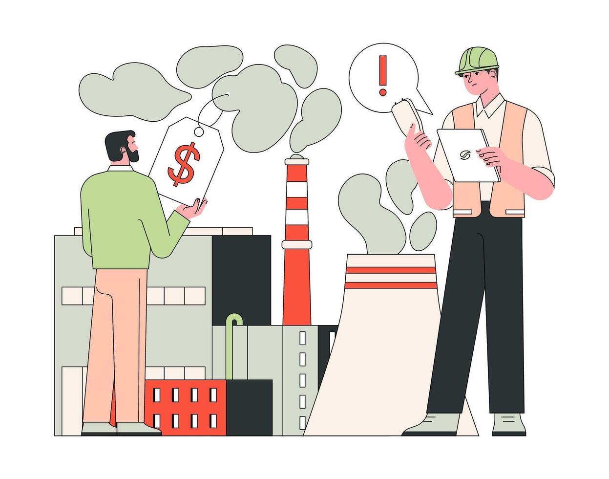 Air quality awareness. Industrial emissions. Pollution fees at a factory emitting vector