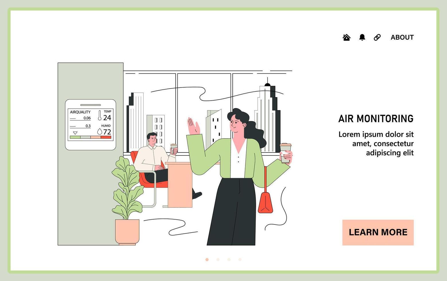 Indoor air quality web or landing. Employees enjoy a well-ventilated vector