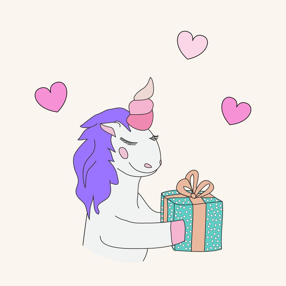 Hand drawn cartoon unicorn holding a gift box vector