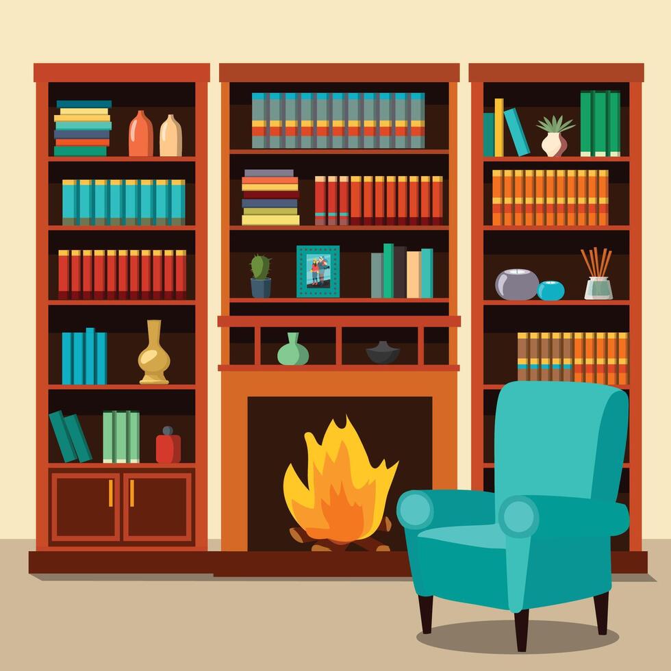 Vector illustration of a library room with an arm chair and a fire place