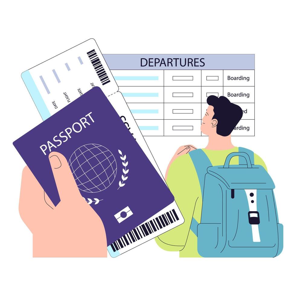 People in the airport. Character with a backpack prepared for a flight. vector