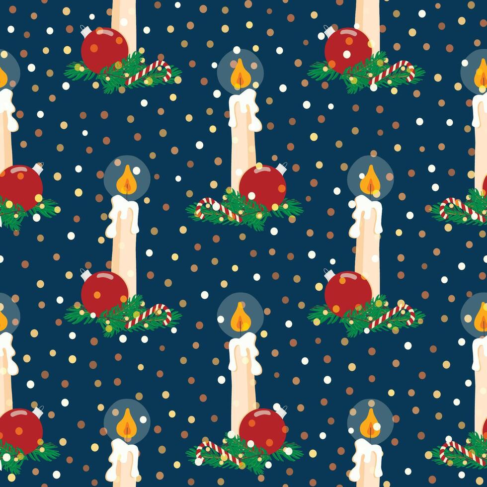 Vector hand drawn cartoon seamless pattern of a burning candle and Christmas decor