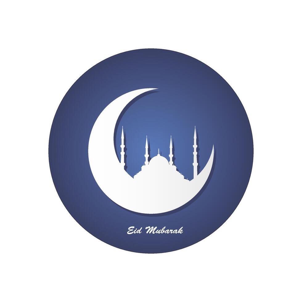 White silhouette of a mosque and moon in the dark blue circle with a greeting text Eid Mubarak vector