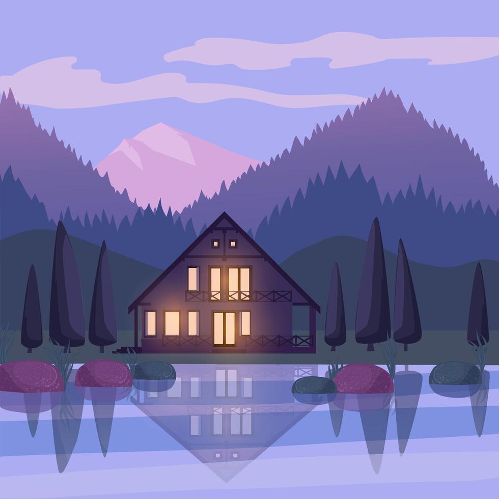 Vector illustration of an evening or dawn private house at the lake in the mountains