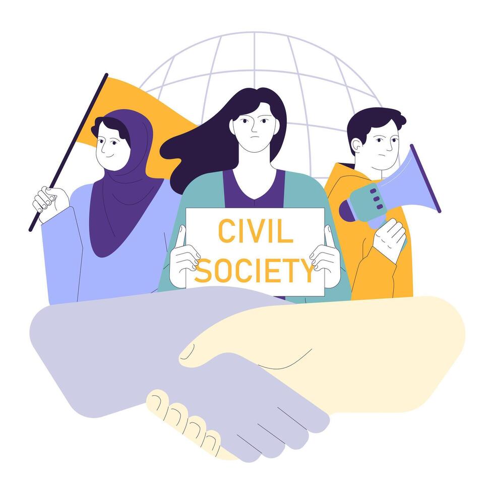 Social equity. Civil society teamwork, environmental activism, vector