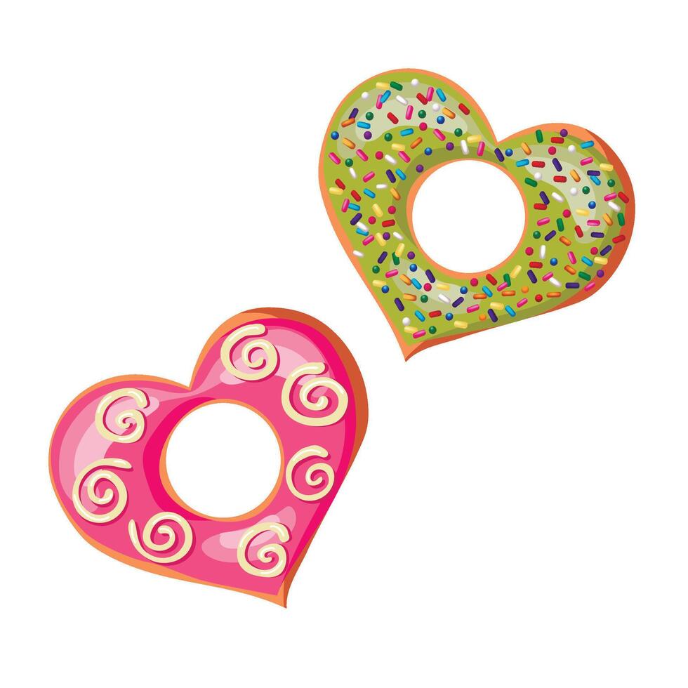 Heart shaped isolated vector hand drawn donuts, valentines day