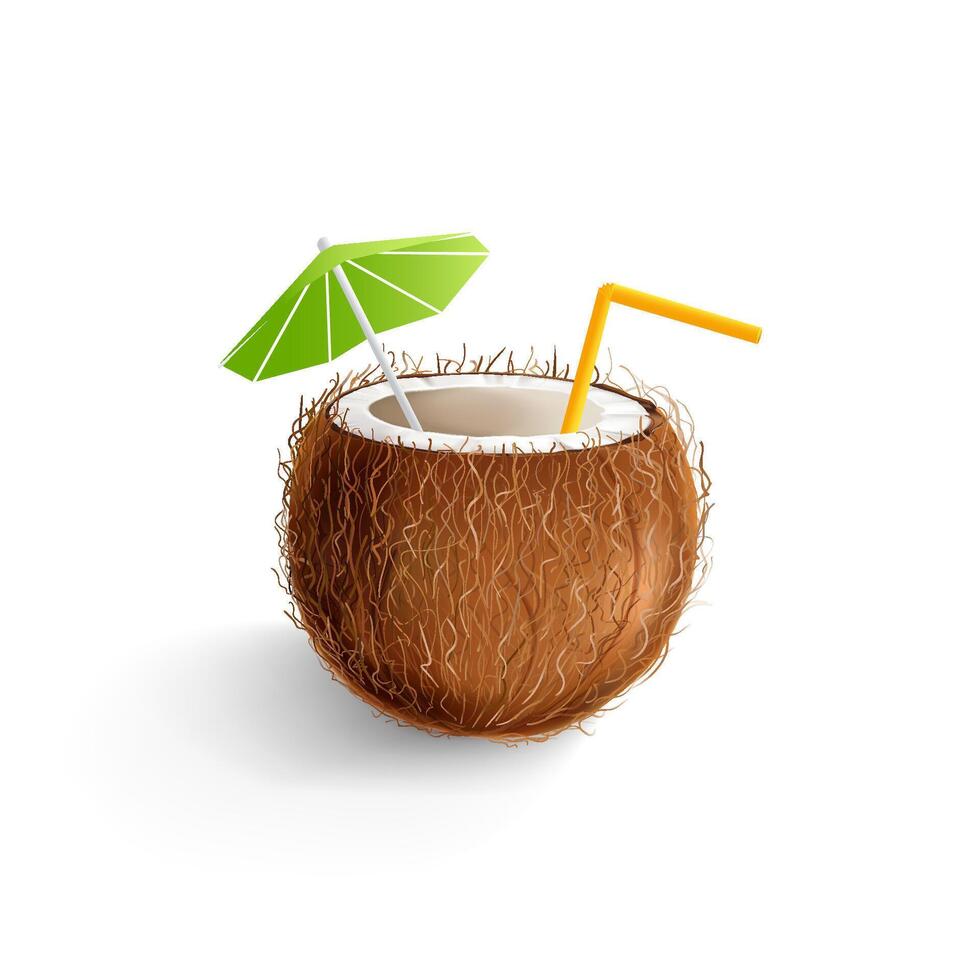 Hand drawn vector coconut drink with a decorative umbrella and a drinking straw. Isolated