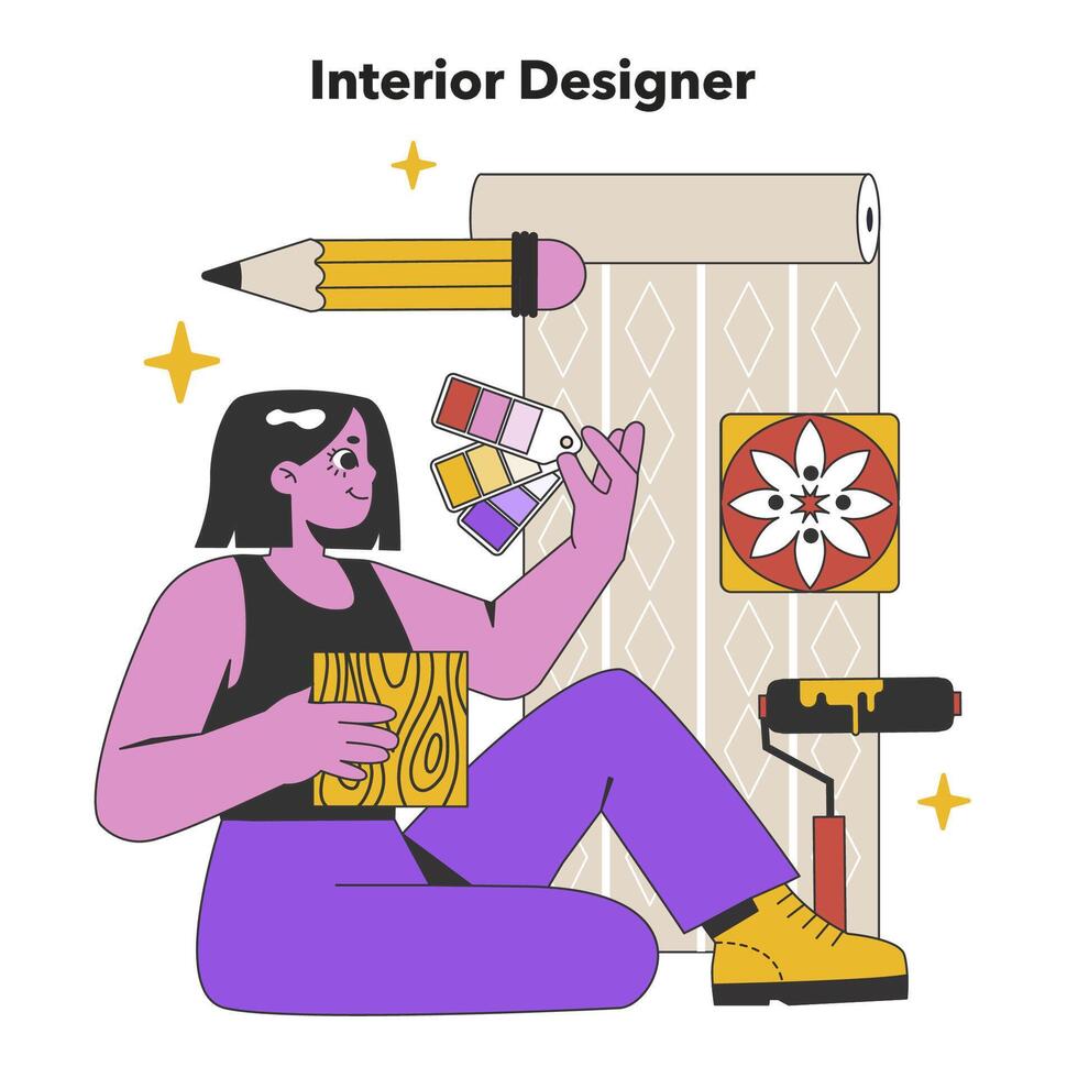 artístico interior diseñador seleccionando patrones. plano vector ilustración.
