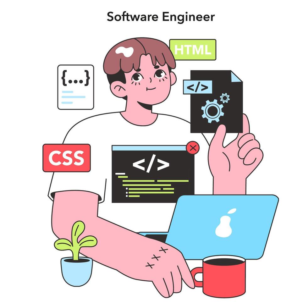 A skilled Software Engineer displays tools of the trade with confidence, surrounded by icons of HTML and CSS, representing the modern crafts of web development. vector