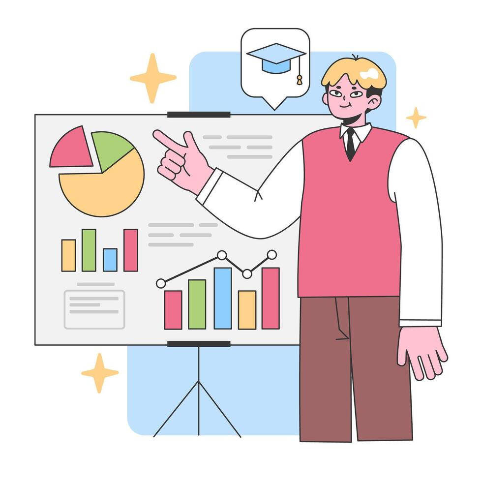 Confident educator explaining data charts on a presentation board. Flat vector illustration.