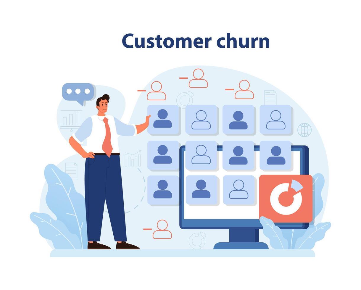 Professional analyzing customer churn on a digital screen. vector