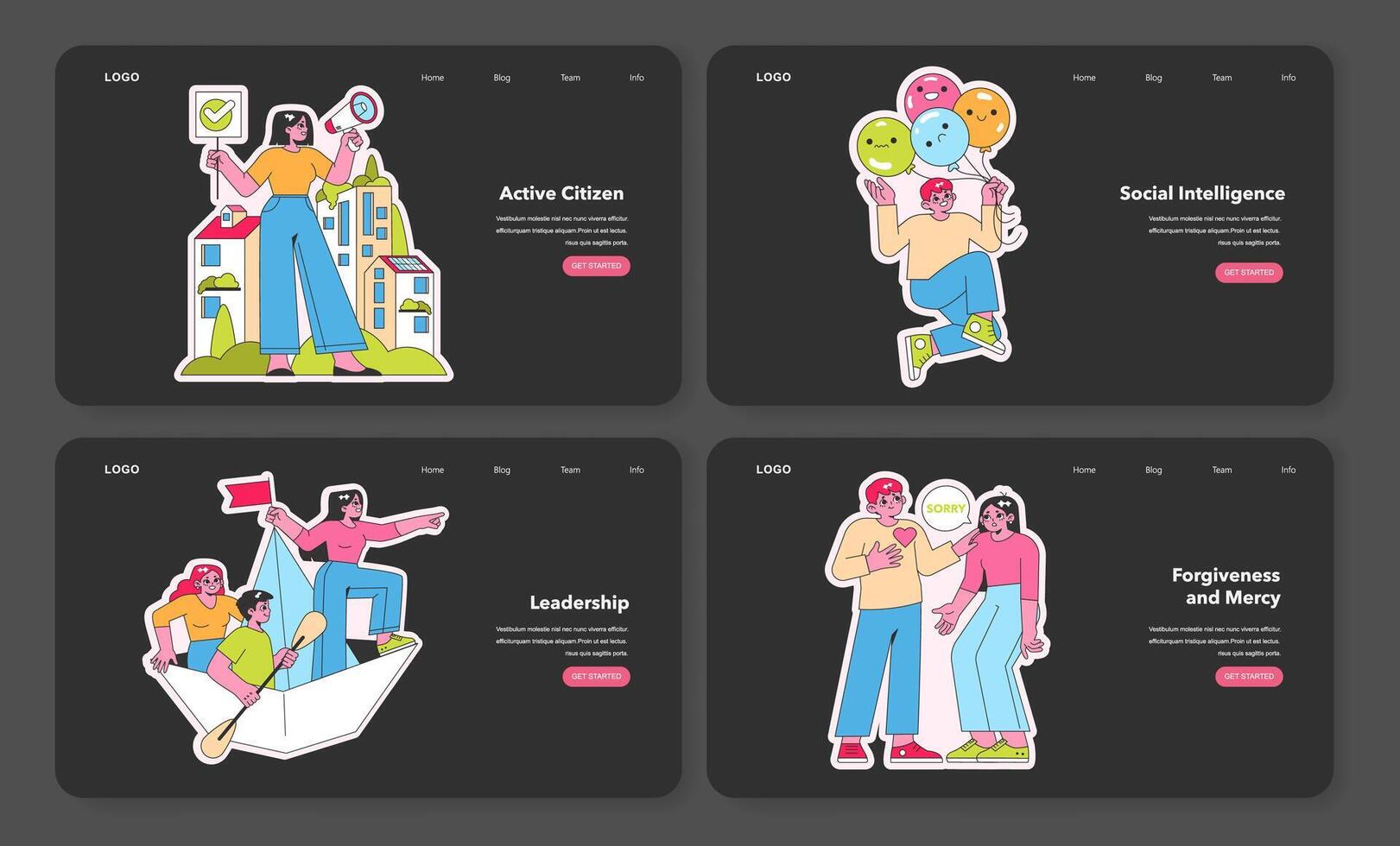 Dynamic web templates featuring Character Strengths. Vector illustrations for web.