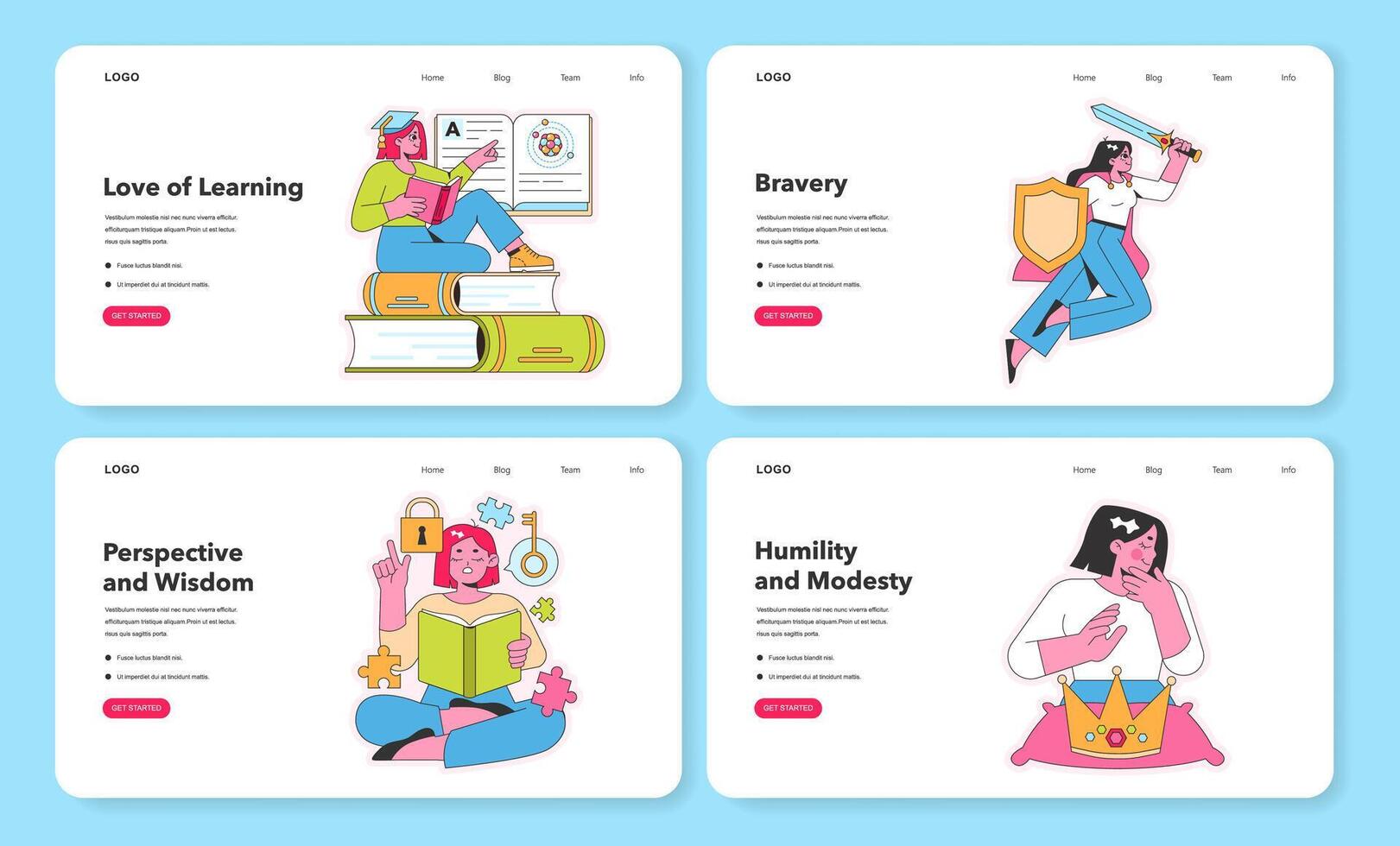 Character Strengths web layouts. Vector illustration.