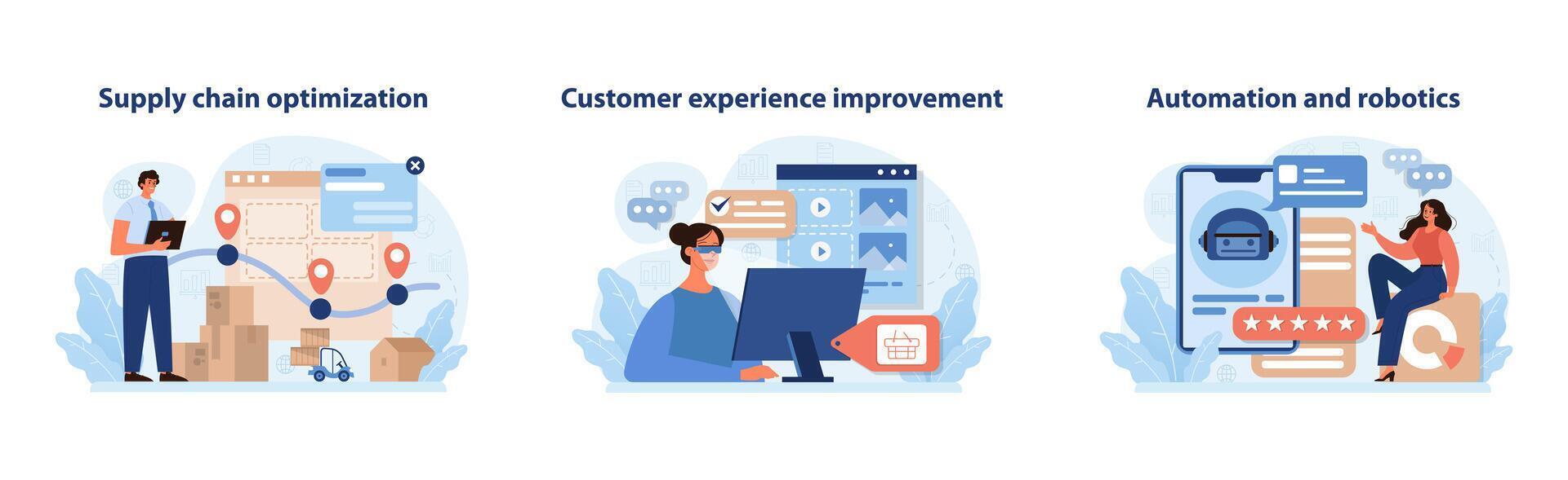 Retail Tech Vector Set. Streamlined supply chain, enhanced customer experience.