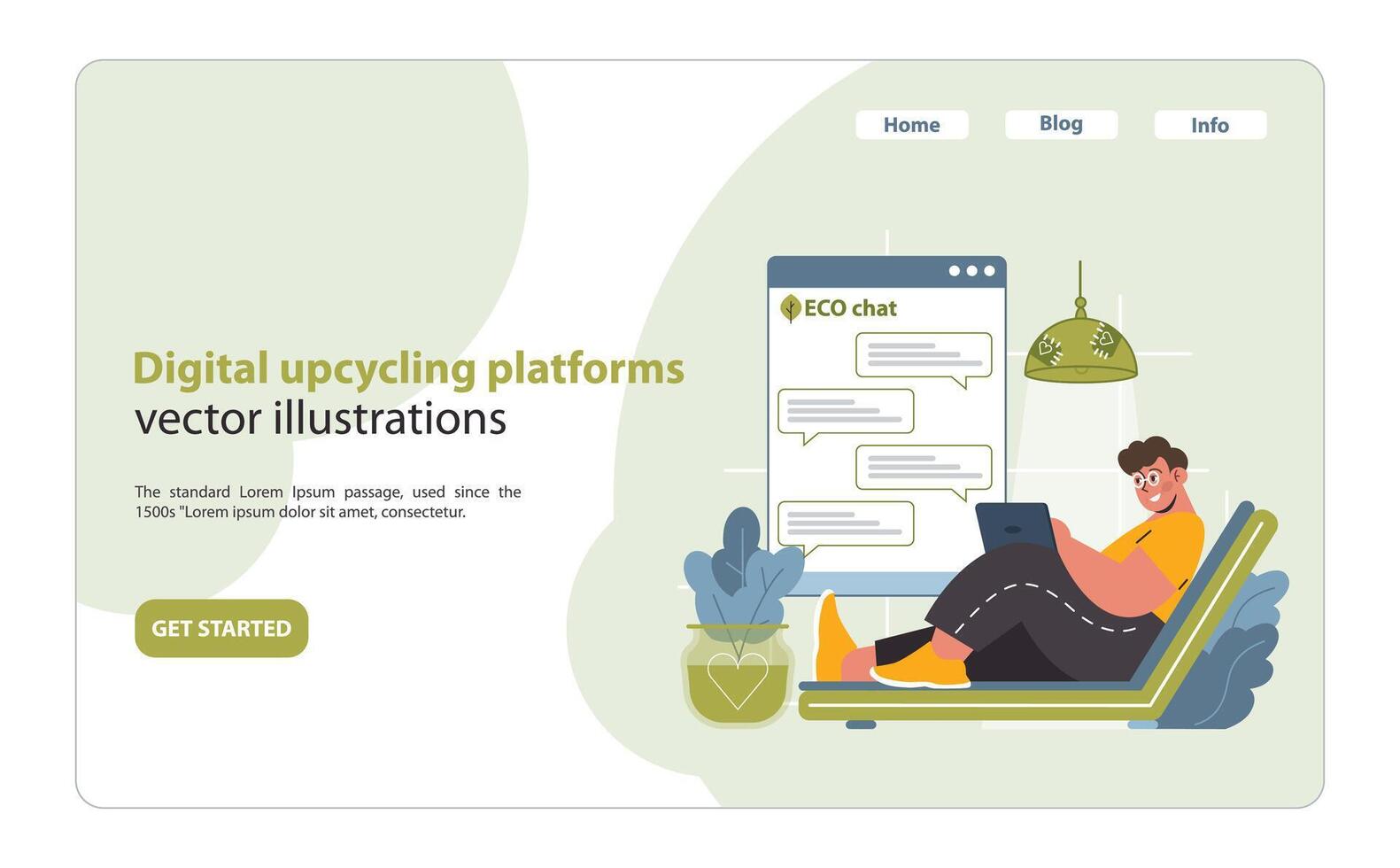 Digital Upcycling Platforms Illustration. A person comfortably interacts on an online upcycling community. vector