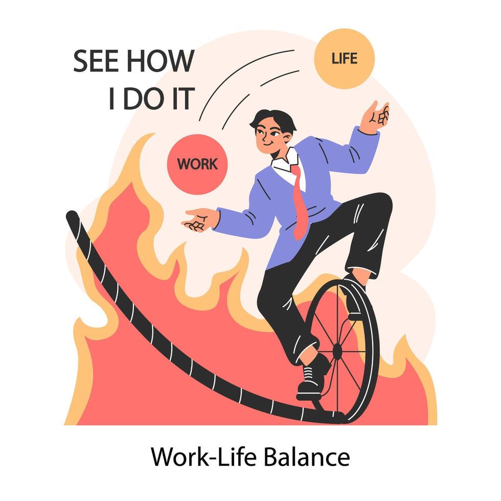 Professional burnout. Work-life balance. Young employee on fire vector