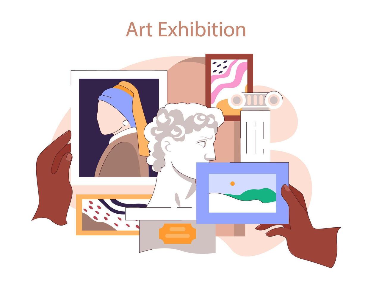 Museum or art gallery. Hands showcase diverse art pieces at an exhibition vector