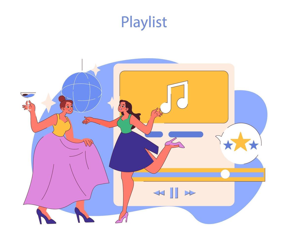 Party Playlist concept. Friends dancing to a curated selection, an evening vector