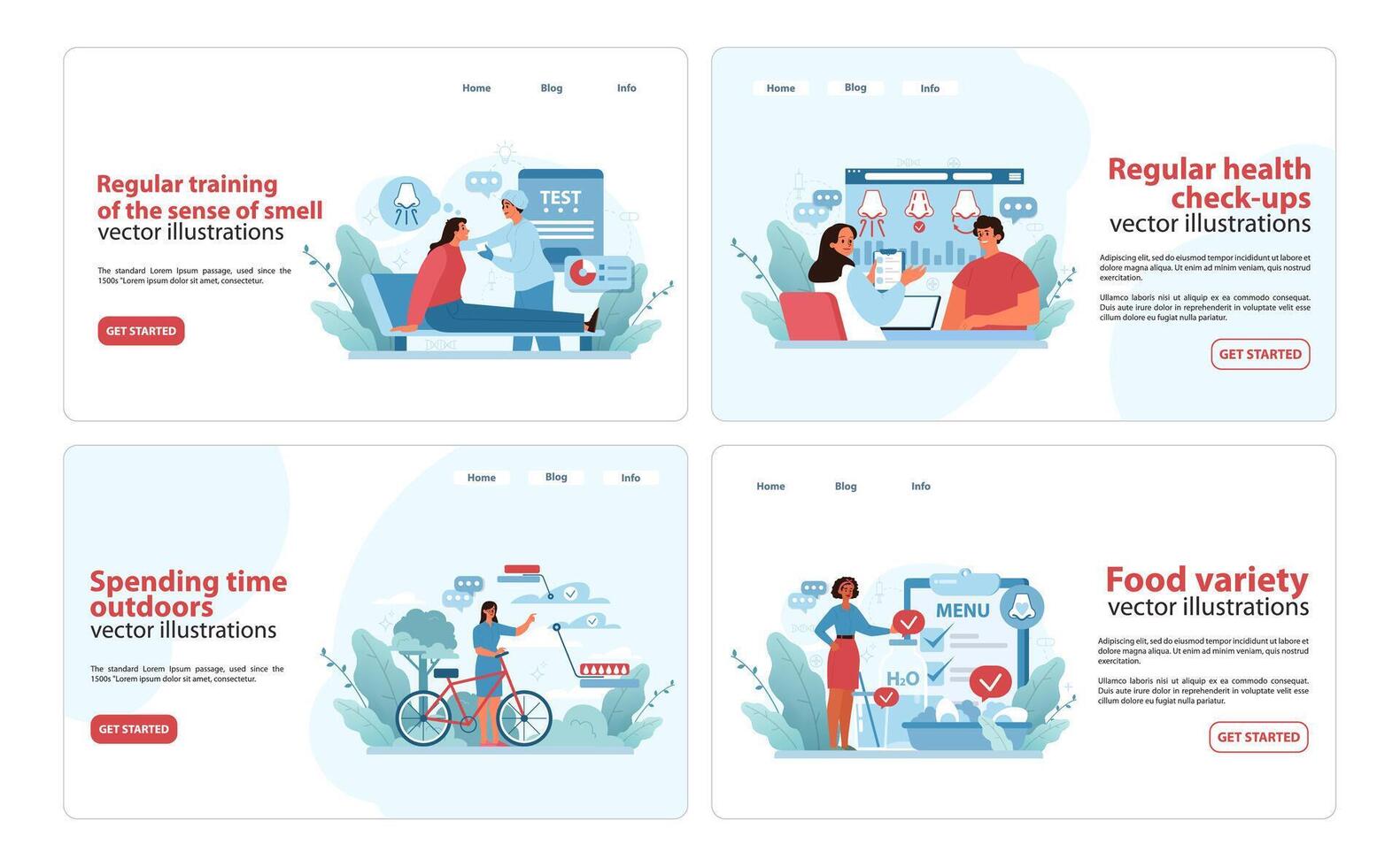 Smell Care Education Set. Web banners showing smell training, health check-ups. vector