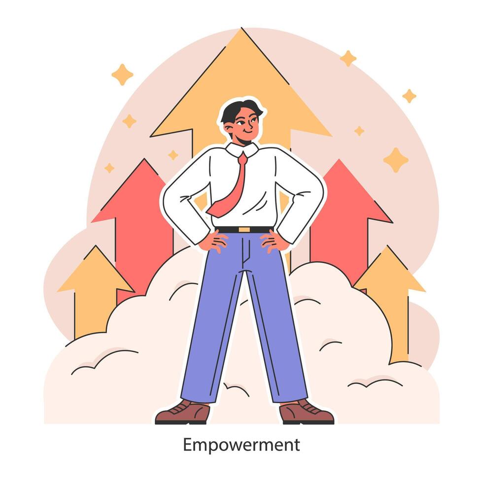 Empowerment. Confident employee stands tall amidst rising arrows. Business vector
