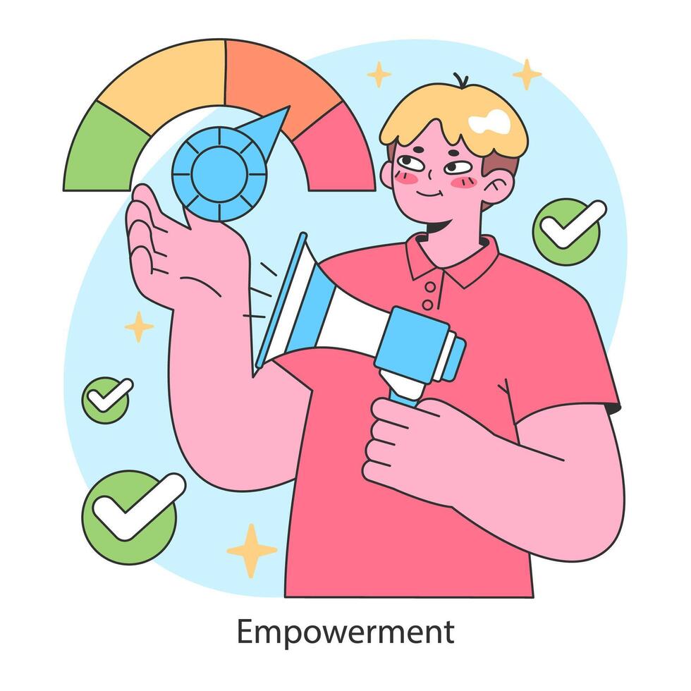 Empowerment concept. Young man holds megaphone and progress vector