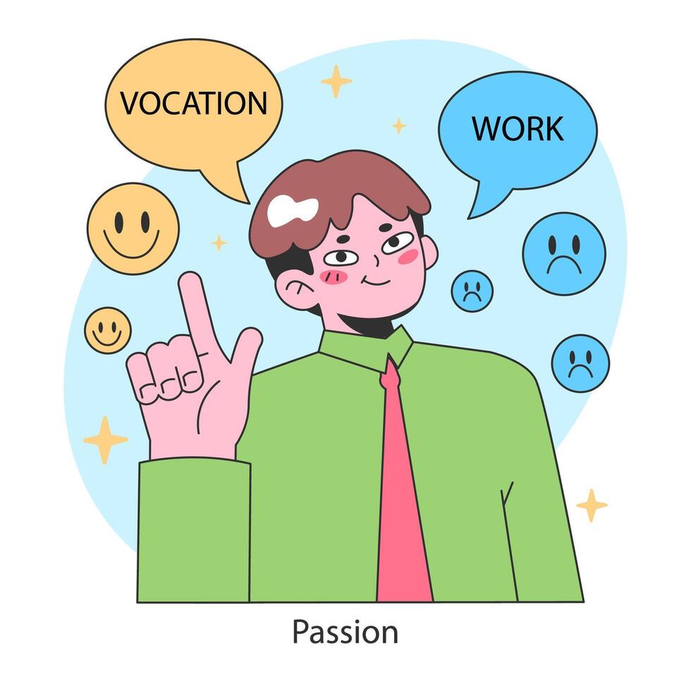 Passion concept. Man contrasts work with vocation, symbolizing the quest vector