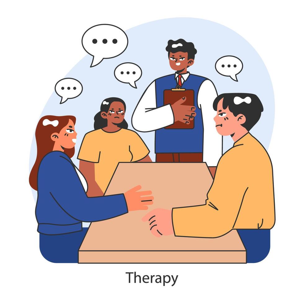 Overcoming fears strategy. A therapy session capturing a group discussion vector