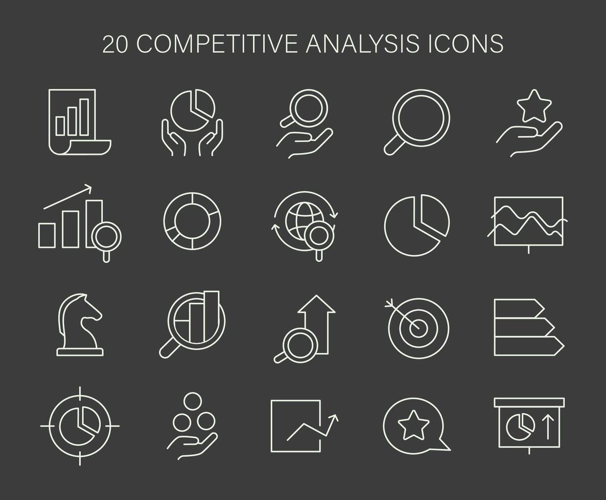 Icon set for competitive analysis. Essential visual tools for market research, data interpretation. vector
