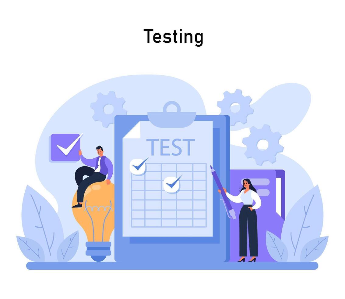 Testing phase visual. Professionals rigorously evaluate a product vector