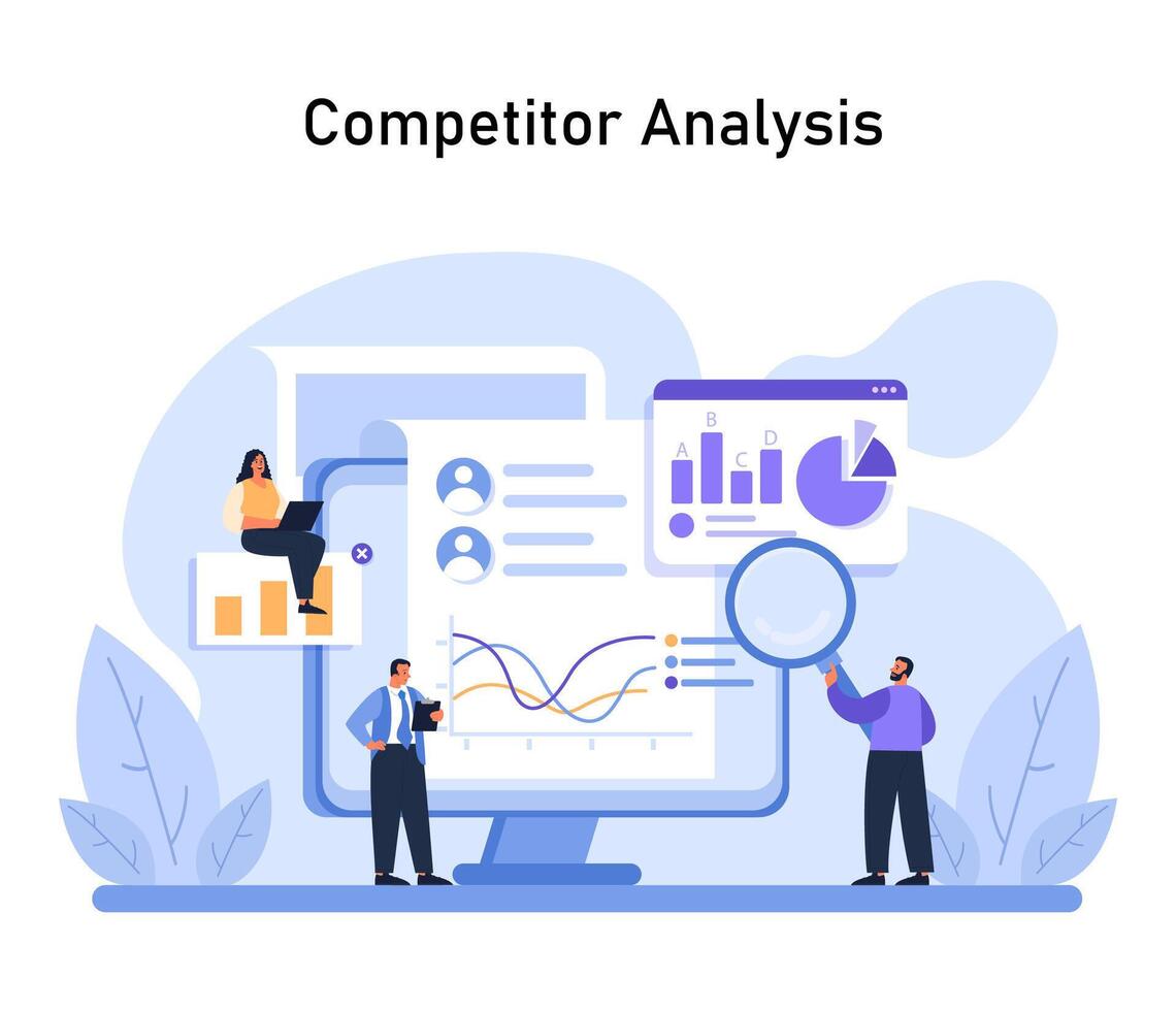 competidor análisis gráfico. equipo meticulosamente evalúa mercado tendencias y rival estrategias vector