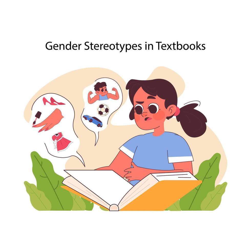 Gender stereotypes in textbooks concept. Flat vector illustration