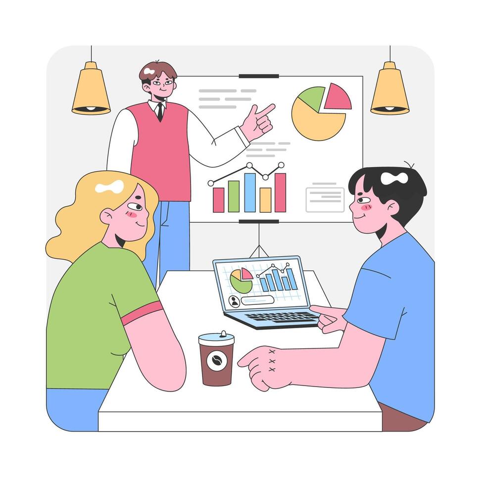 Team meeting in modern workspace. Flat vector illustration.