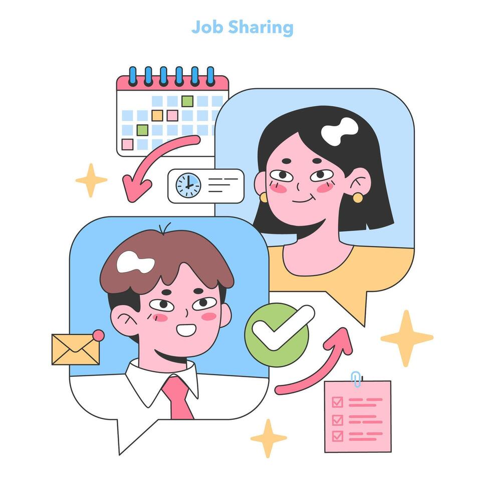 Teamwork approach to flexible working. Flat vector illustration