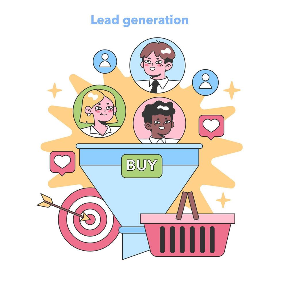 Marketing Funnel set. Targeted consumer group flowing into sales funnel. vector