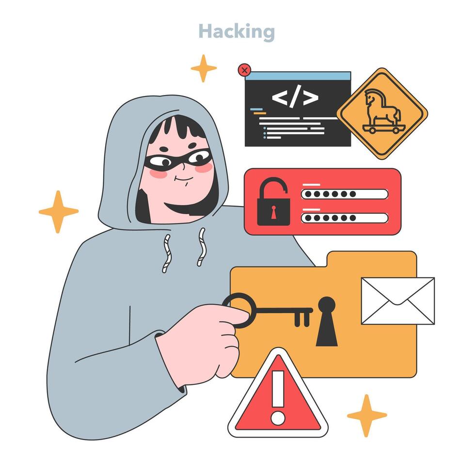 A clandestine hacker in a hoodie with sneaky eyes effortlessly bypasses security, gaining unauthorized access to digital files, warning signs in tow. Flat vector illustration