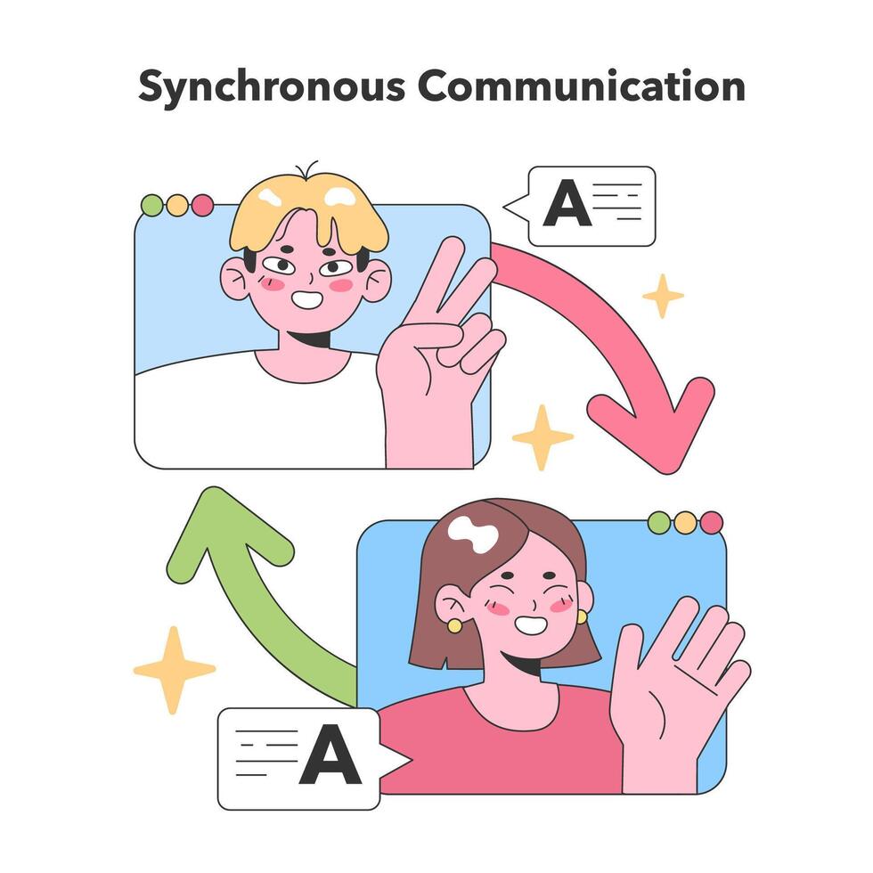 Two virtual team members demonstrate real-time digital interaction vector