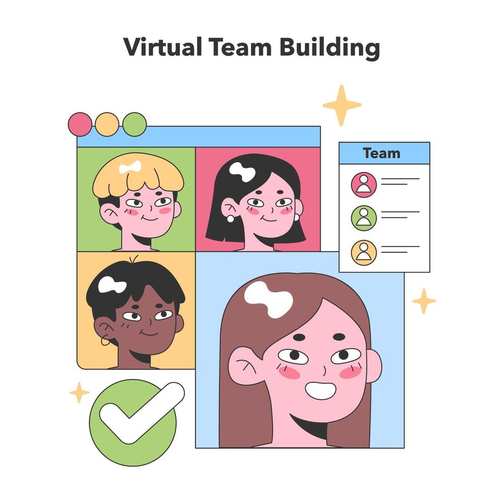 Diverse virtual team members in a colorful grid, with a checklist symbolizing vector