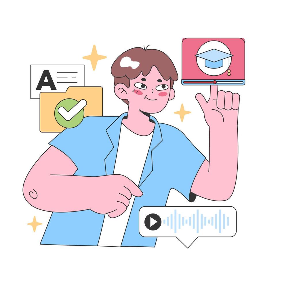 Confident student proudly displays an A grade. Flat vector illustration