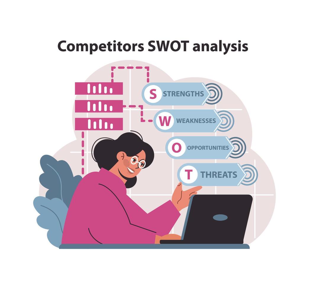 Competitors SWOT analysis concept. Marketer evaluating strengths, weaknesses. vector