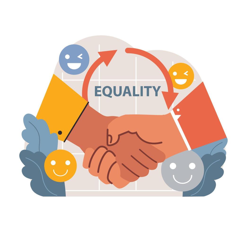 Handshake beneath the word Equality. Flat vector illustration