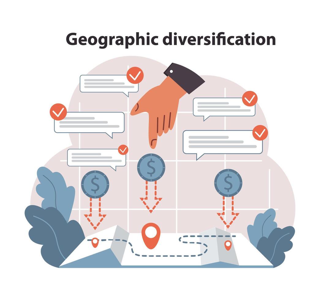 Strategic geographic diversification in investments. Flat vector illustration